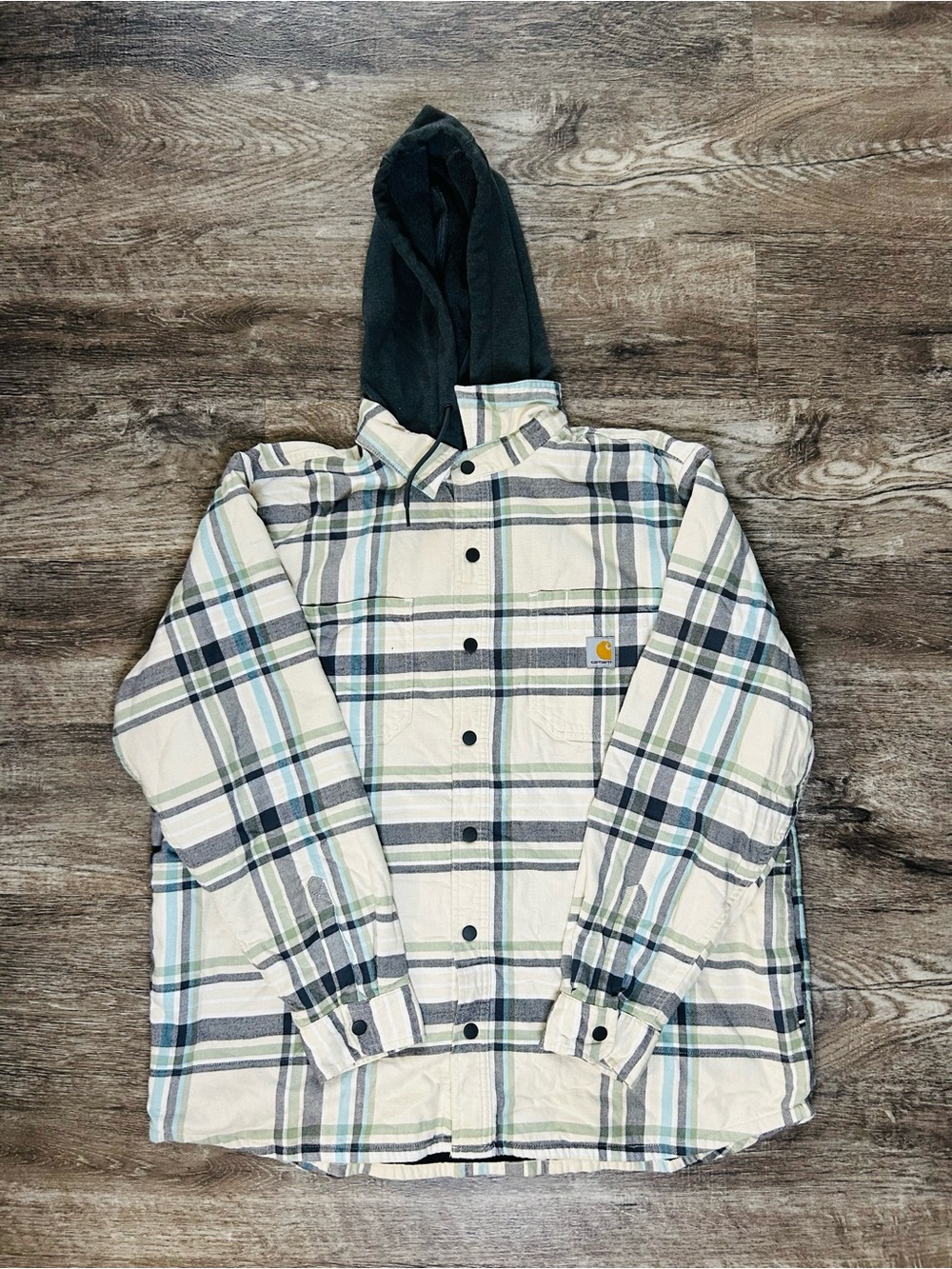 Carhartt Men’s Plaid Hooded Shirt Jacket in Cream & Blue